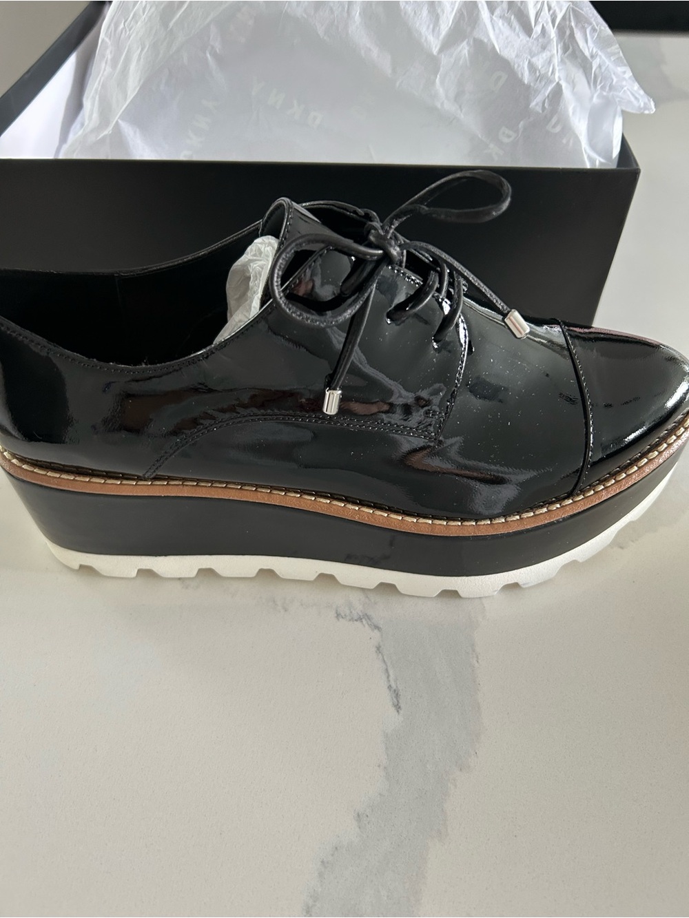 Donna Karan Black Patent Leather Wedge Oxford